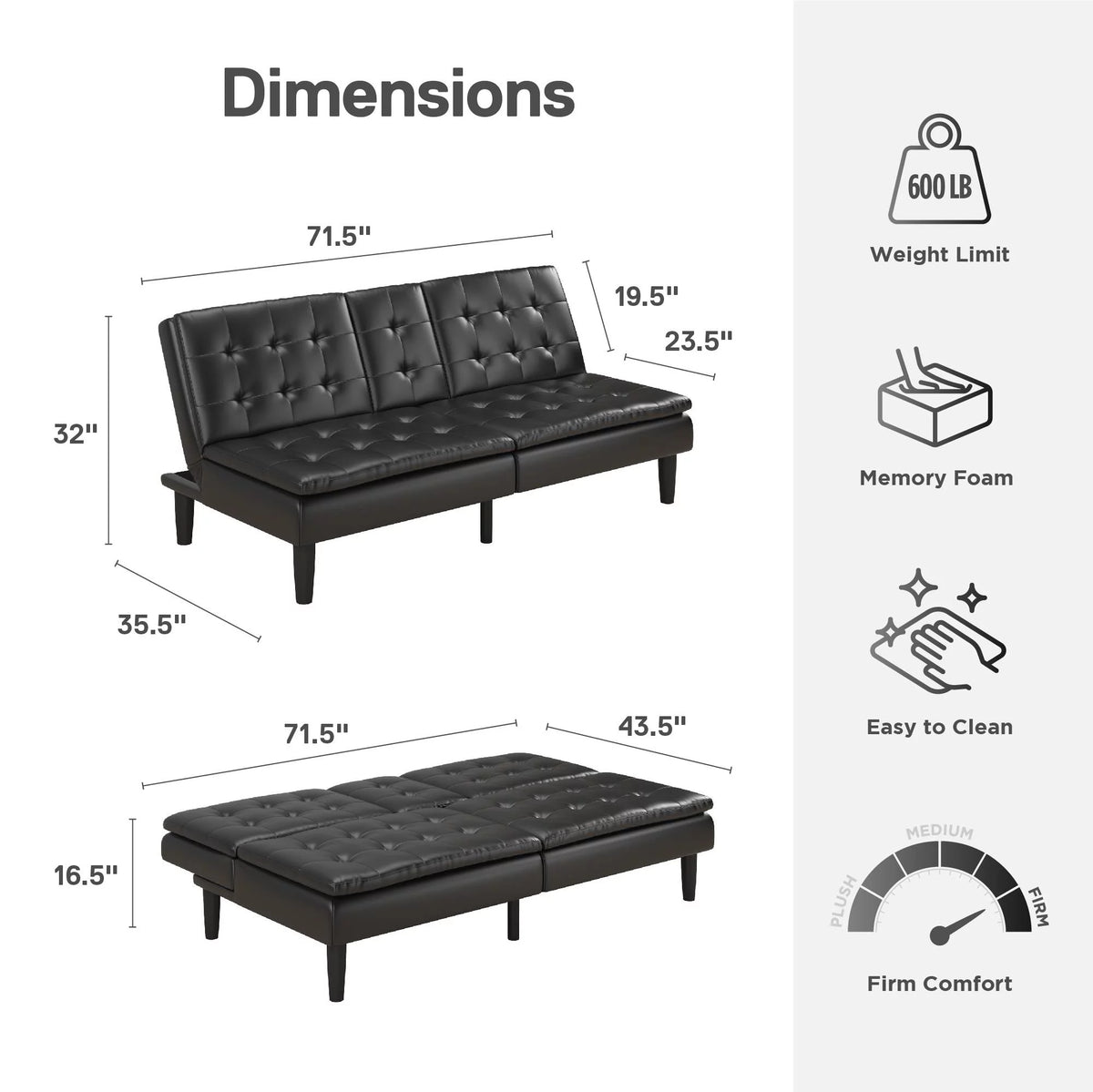 Memory Foam Futon with Cupholder and USB, Black Faux Leather Y2494