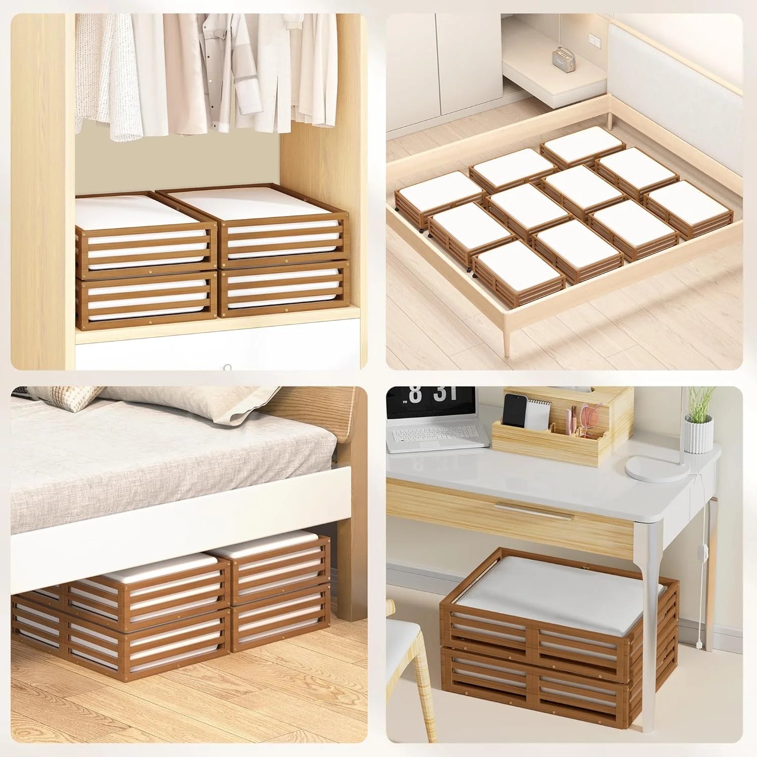 Bamboo Under Bed Storage Containers with Wheels and Dust Bag T7066