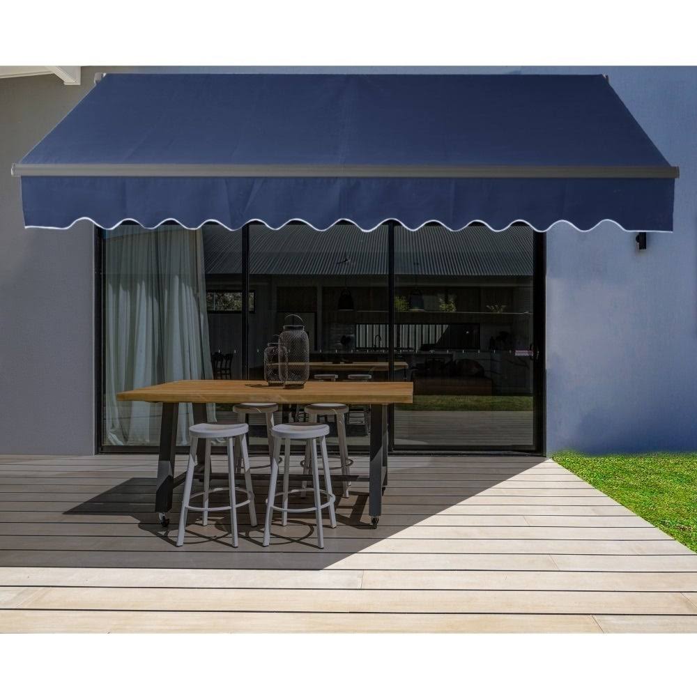 Black Frame Retractable Patio Canopy Awning Blue J1849