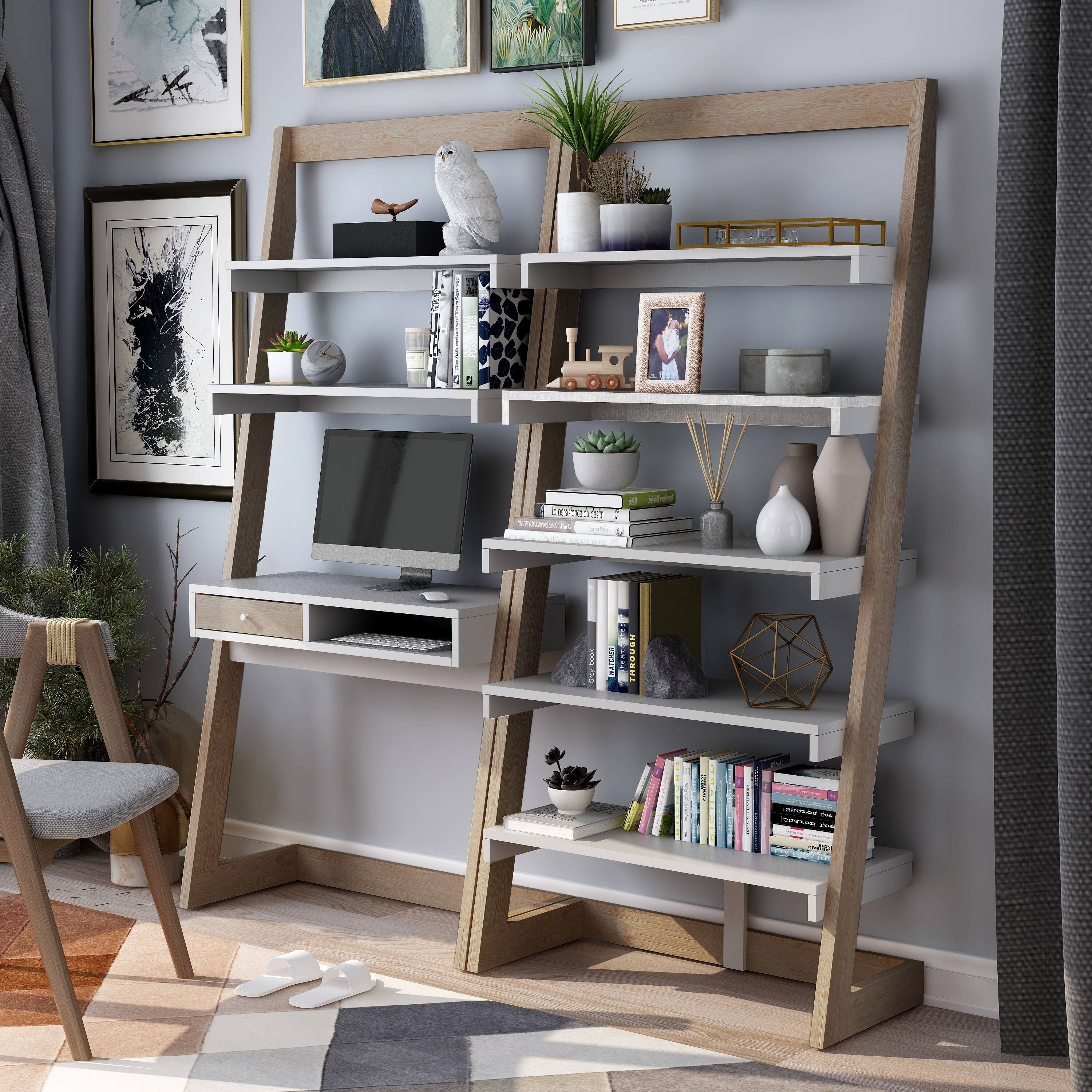 Weathered White 2-Piece Desk with Bookcase Set K1805