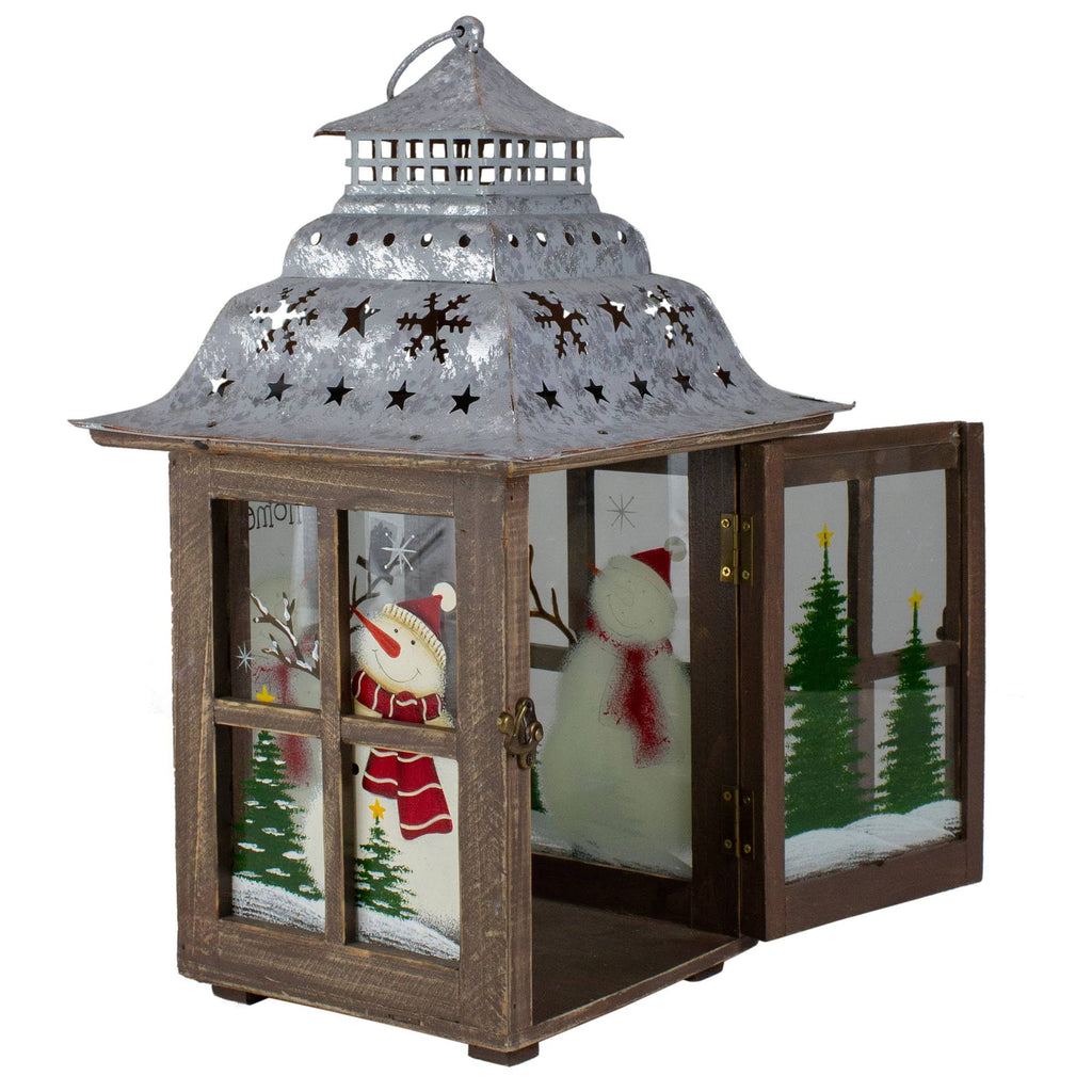 Rustic Wooden Snowman Holiday Scene Christmas Pillar Candle Lantern K434