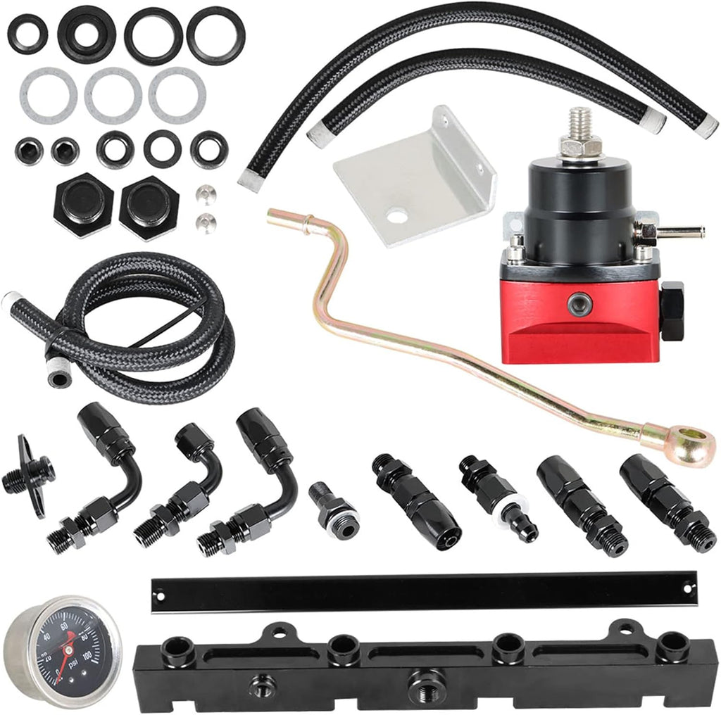 Black Fuel Line Hose Fitting Connectors Kit with Fuel Rail Regulator and Gauge P5992