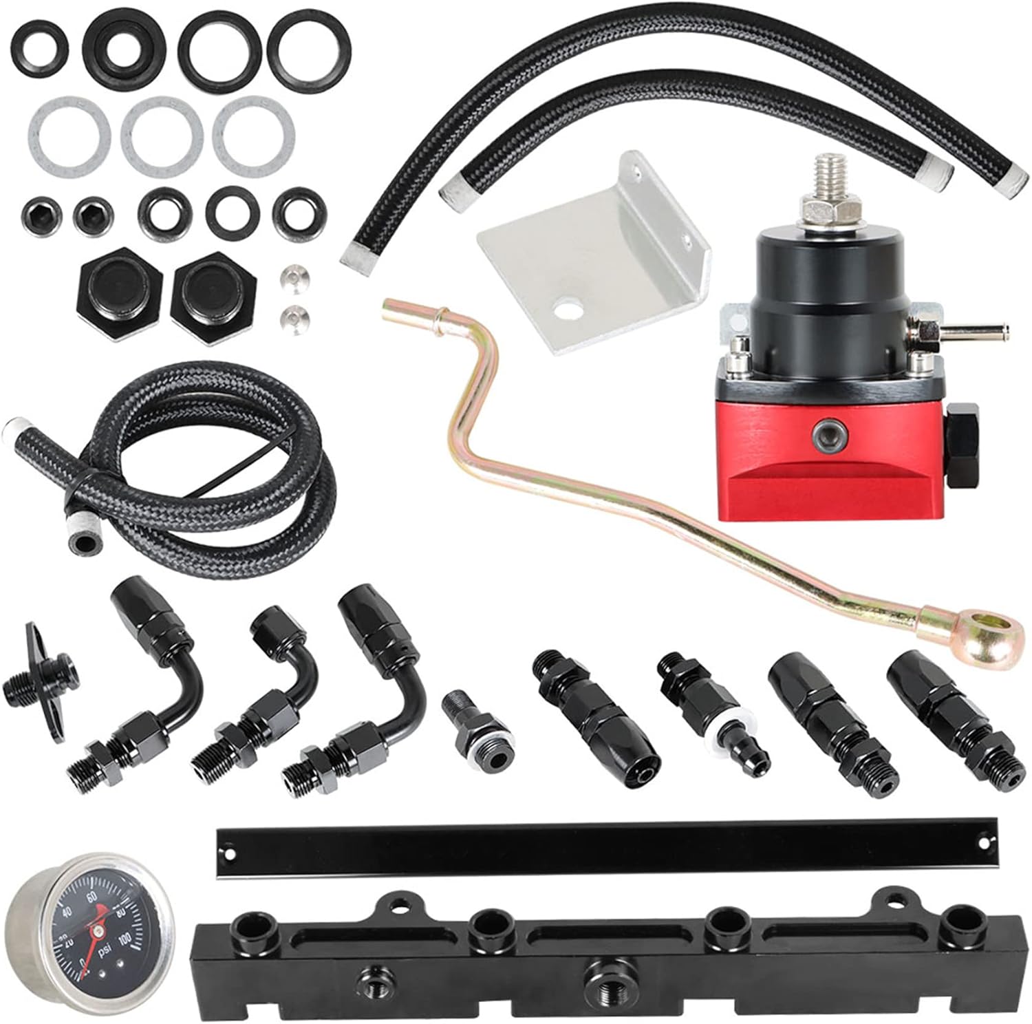 Black Fuel Line Hose Fitting Connectors Kit with Fuel Rail Regulator and Gauge P5992
