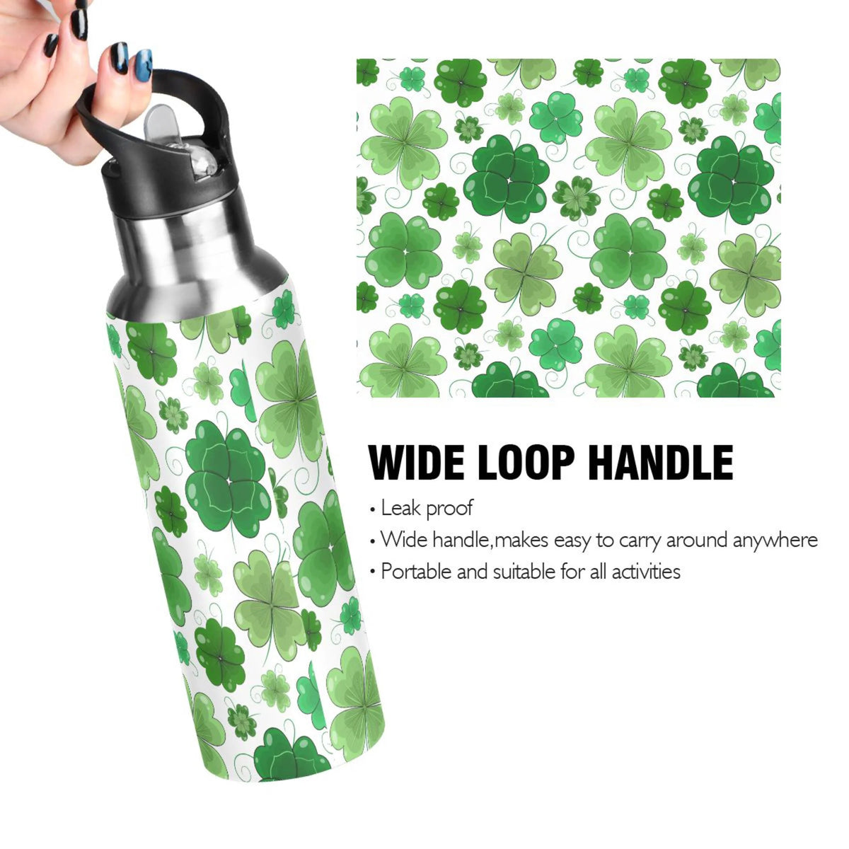 Green Clover Leaves Stainless Steel Vacuum Insulated Water Bottle with Straw Lid 20 OZ F45422