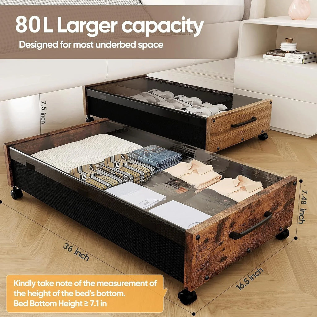 Under Bed Storage with Wheels, 2 Pack Rolling Metal Drawer for Clothes M92727