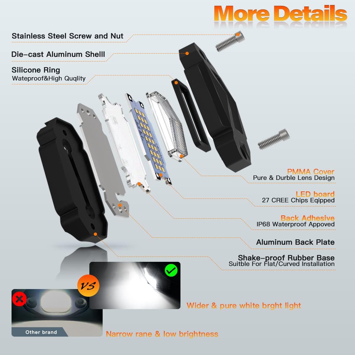 4Pods LED Rock Lights White with 23FT Harness Switch Fuse kit A1206