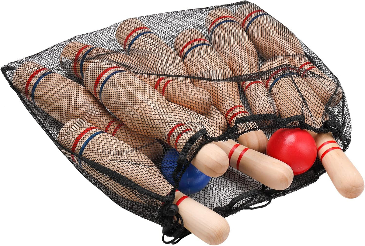11 Pins Wooden Lawn Bowling Skittles Set with Carrying Mesh Bag N880