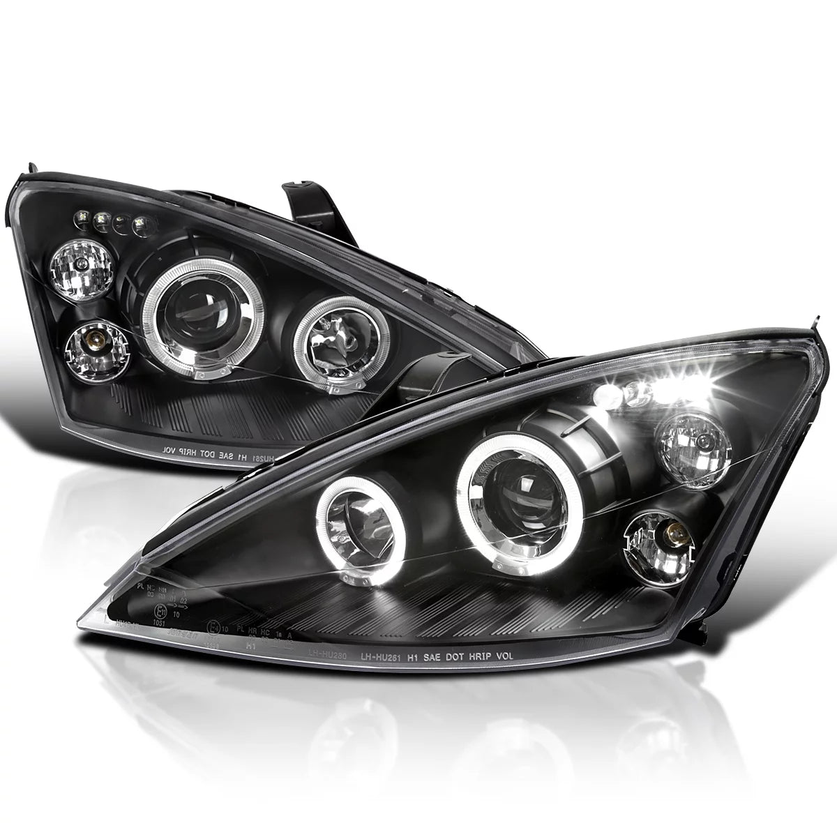 Spec-D Tuning Halo LED Projector Headlights Black Compatible with 2000-2004 Ford Focus, Left + Right Pair Headlamps Assembly