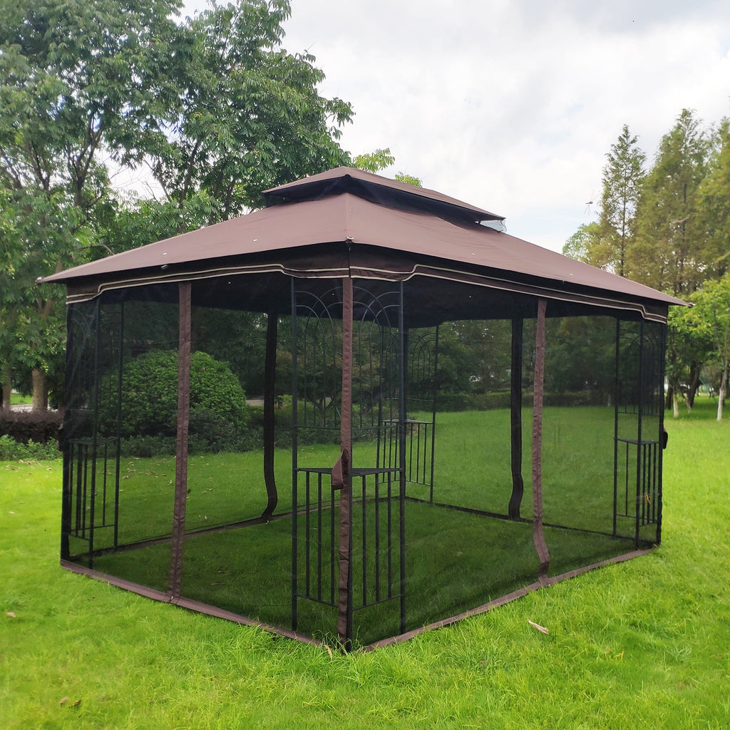 Brown Top Outdoor Patio Gazebo Canopy Tent With Ventilated Double Roof And Mosquito Net E5213