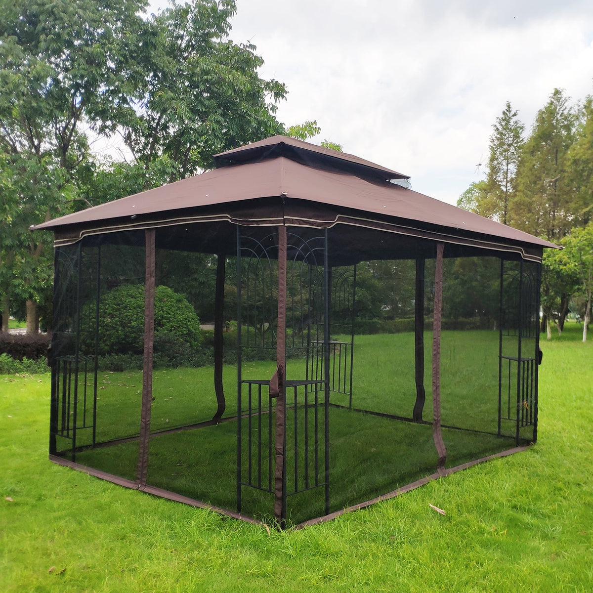 Brown Top Outdoor Patio Gazebo Canopy Tent With Ventilated Double Roof And Mosquito Net E5213