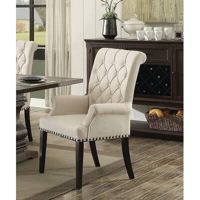Beige Tufted Linen Solid Wood Arm Chair I97586