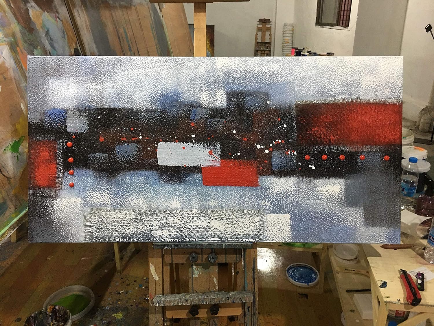 Red Gray Textured 3D Oil Painting on Canvas, Pack of 2 R74477