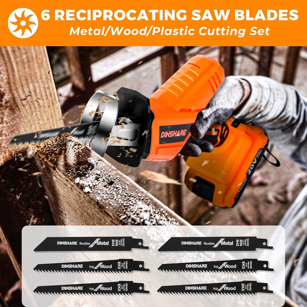 Cordless Reciprocating Saw, 20V 2.0Ah, 6 Saw Blades, Pack of 2 T62100