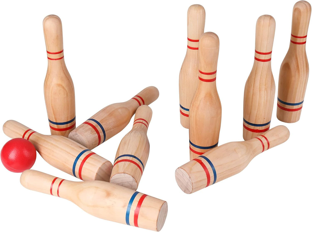 11 Pins Wooden Lawn Bowling Skittles Set with Carrying Mesh Bag N880