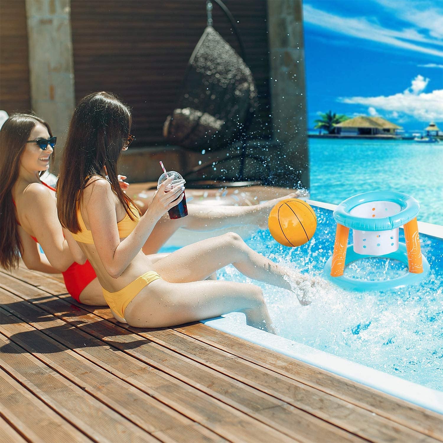 Inflatable Volleyball Net & Basketball Hoops Pool Float Set Game Toy B74504