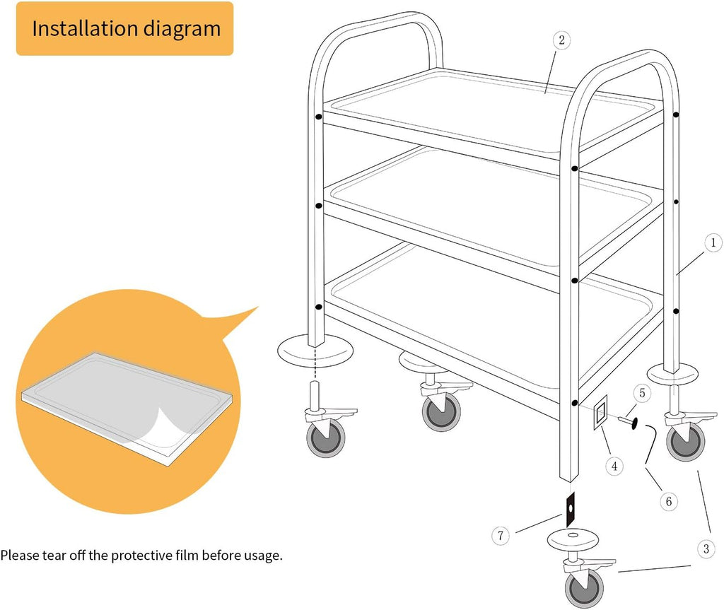 Large 3 Tier Stainless Steel Utility Rolling Cart with Locking Wheels H3359