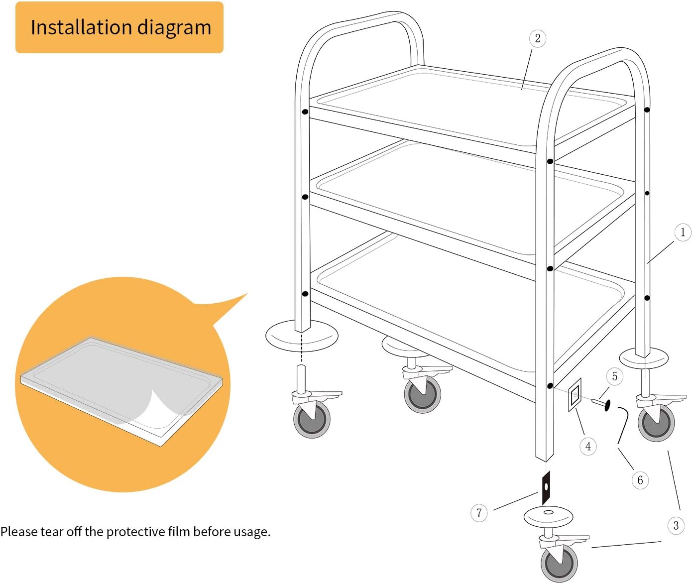 Large 3 Tier Stainless Steel Utility Rolling Cart with Locking Wheels H3359