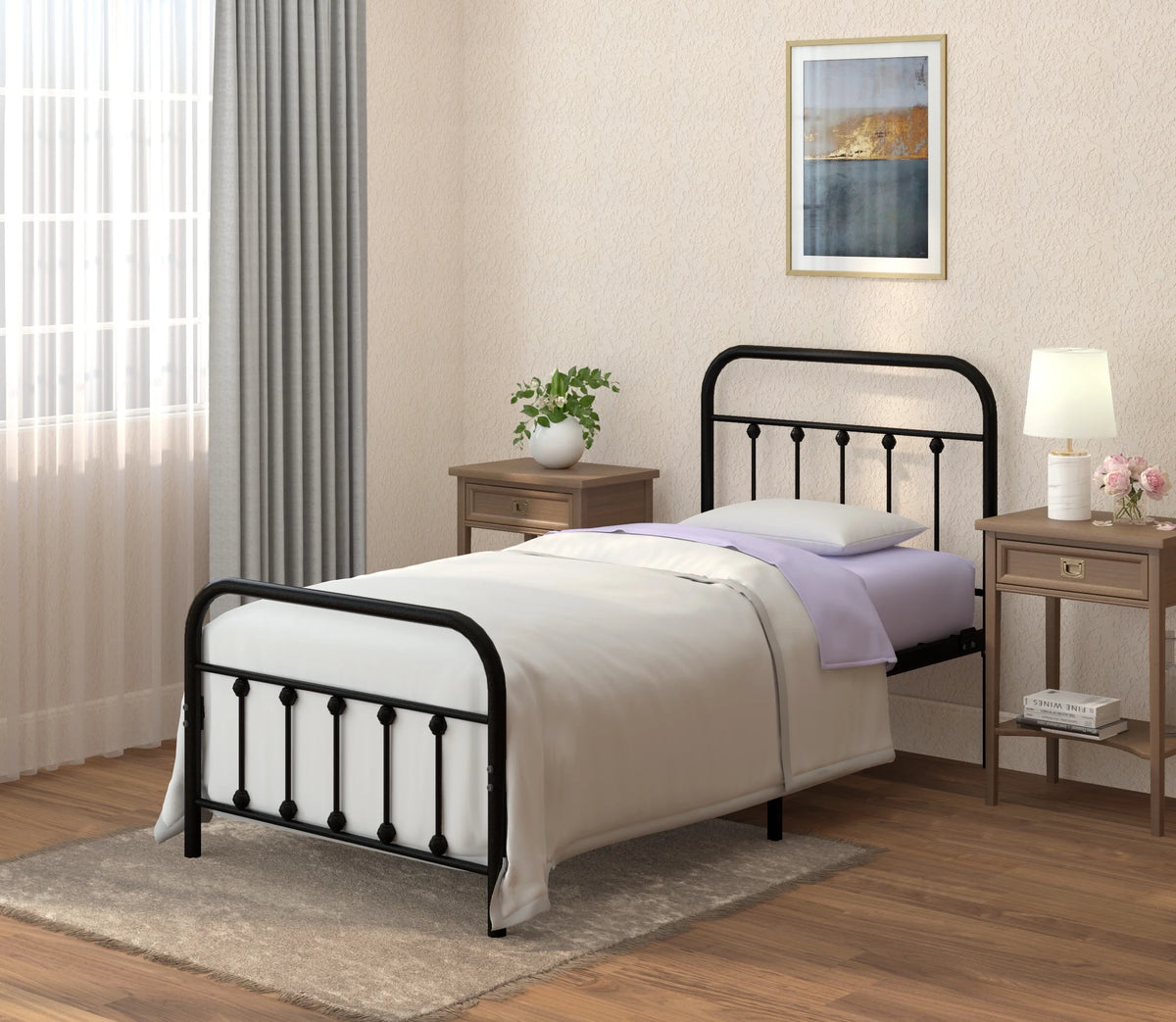 Vintage Twin Metal Bed Frame with Headboard and Footboard U6783