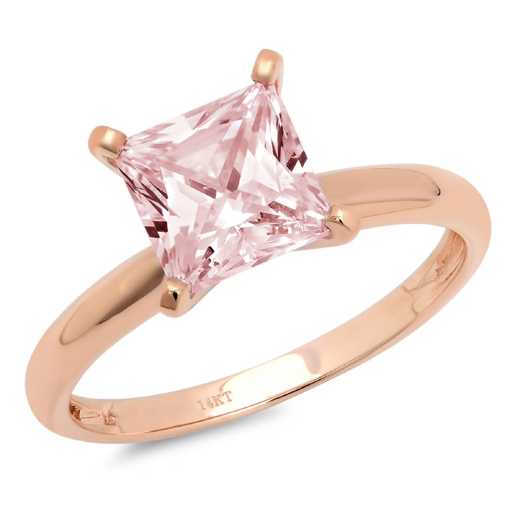 1.5ct Princess Cut Pink Simulated Diamond 18k Rose Gold Solitaire Ring Z1286
