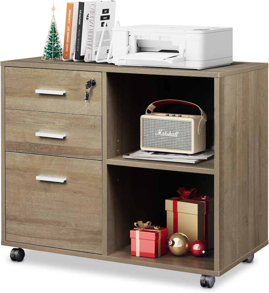 Gray Oak 3-Drawer Wood File Cabinet with Lock V2212
