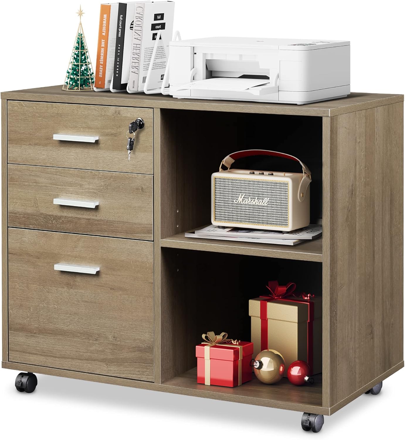 Gray Oak 3-Drawer Wood File Cabinet with Lock V2212
