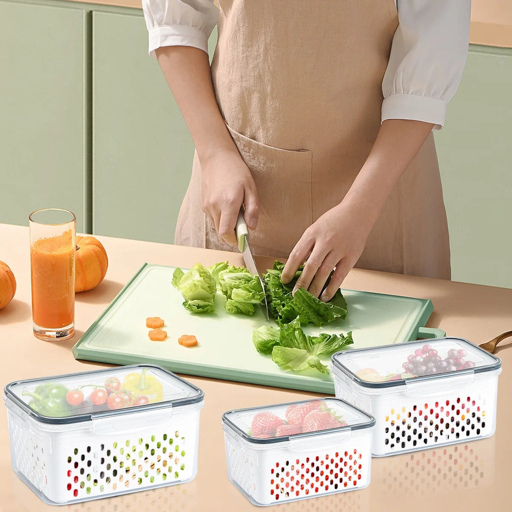 3 Pack Refrigerator Organizer Food Containers with Lids and Drain Colanders H169