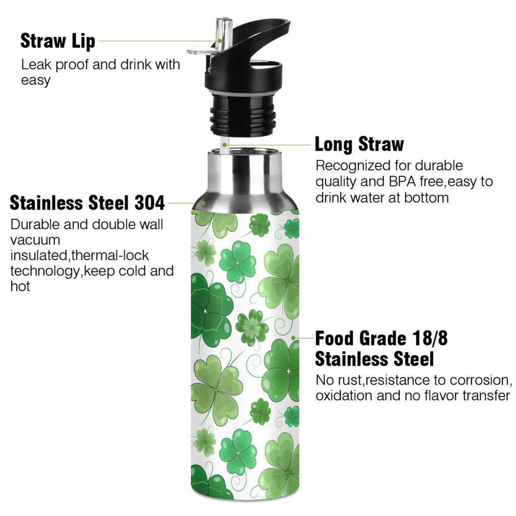 Green Clover Leaves Stainless Steel Vacuum Insulated Water Bottle with Straw Lid 20 OZ F45422