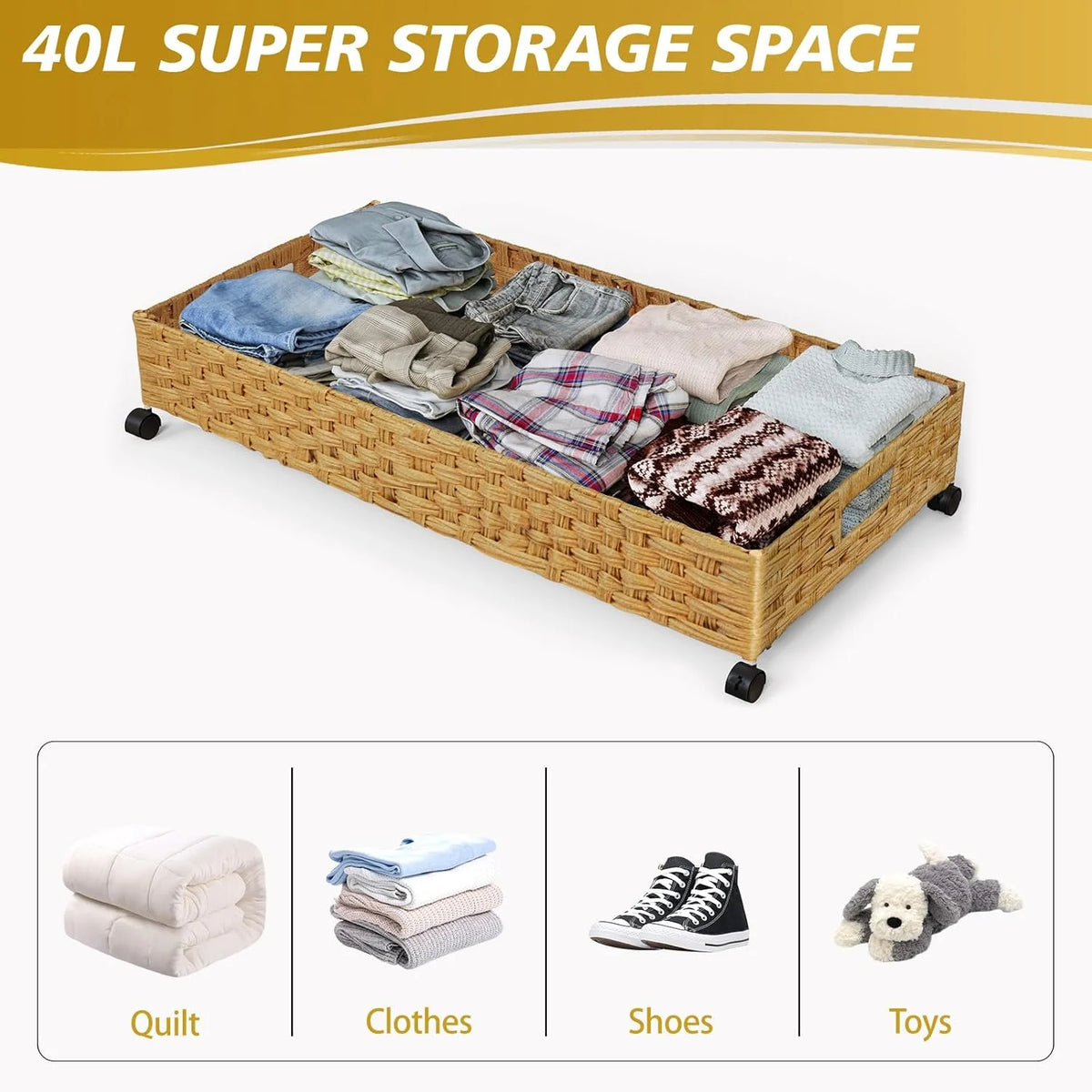 Under Bed Storage Containers with Wheels, 2 Pack, Rattan Organizer Drawer L9868