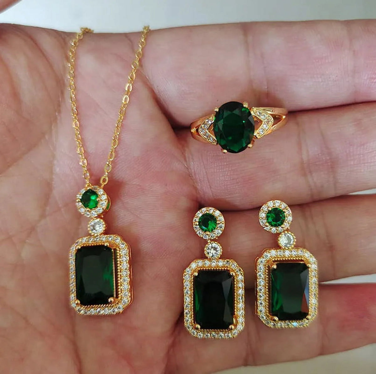 3Pcs/Set Iced Out Cubic Zirconia Green Gemstone Ring Necklace Earrings Gold Plated Jewelry Sets Y197