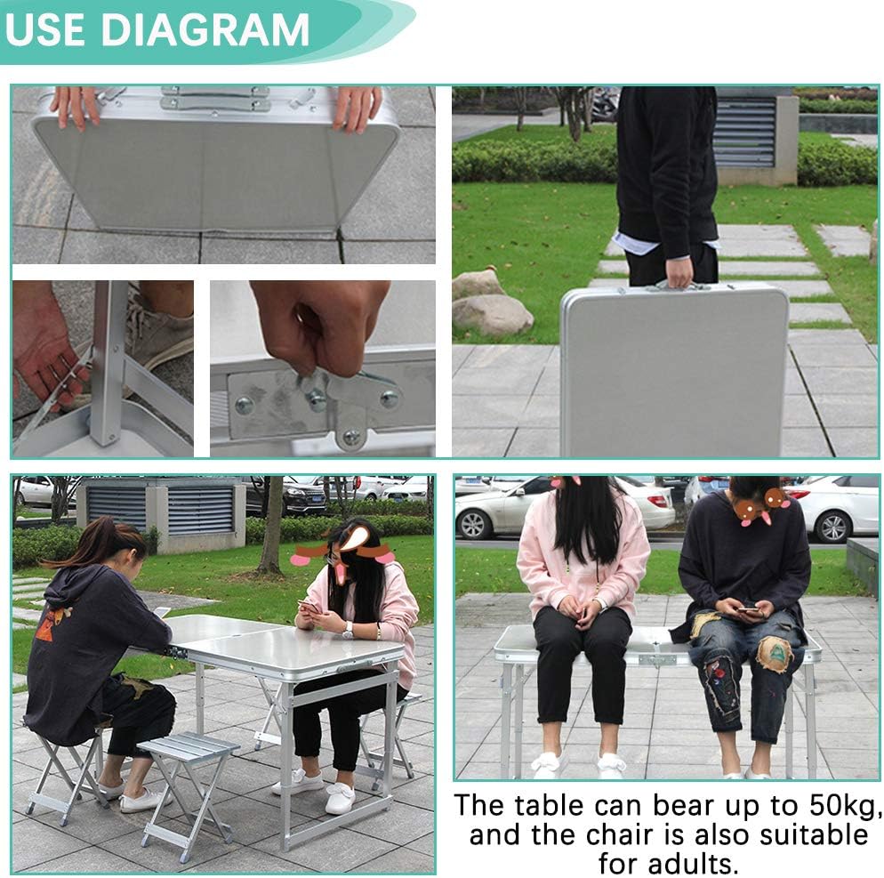 Folding Picnic Table with 4 Seats, Aluminium Alloy Portable Desk Bench B207231