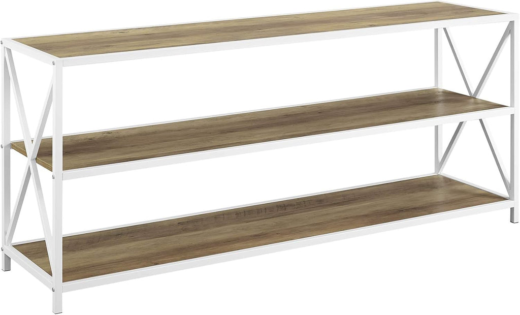 60 Inch Rustic Oak and White Wood Metal Bookcase E847378