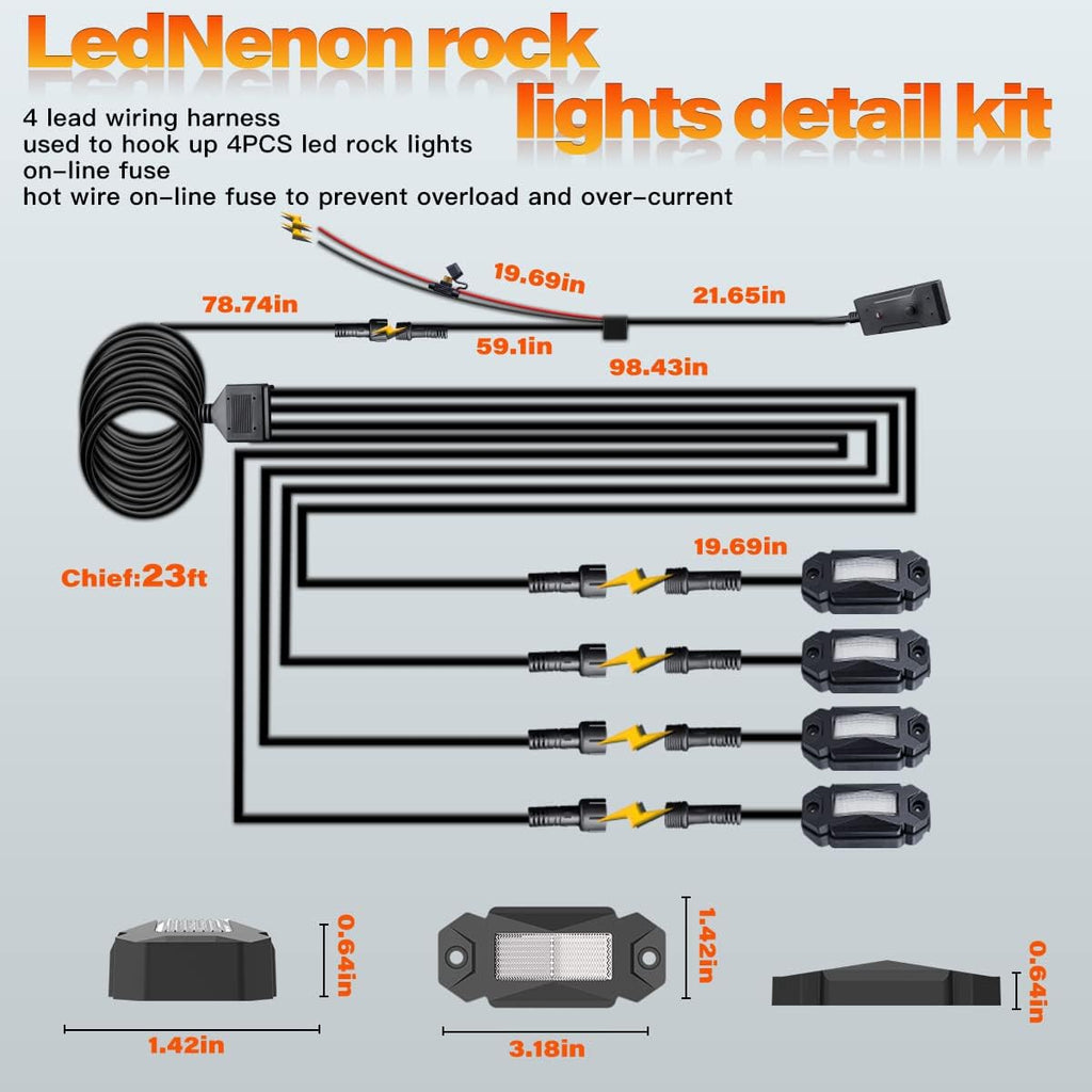4Pods LED Rock Lights White with 23FT Harness Switch Fuse kit A1206