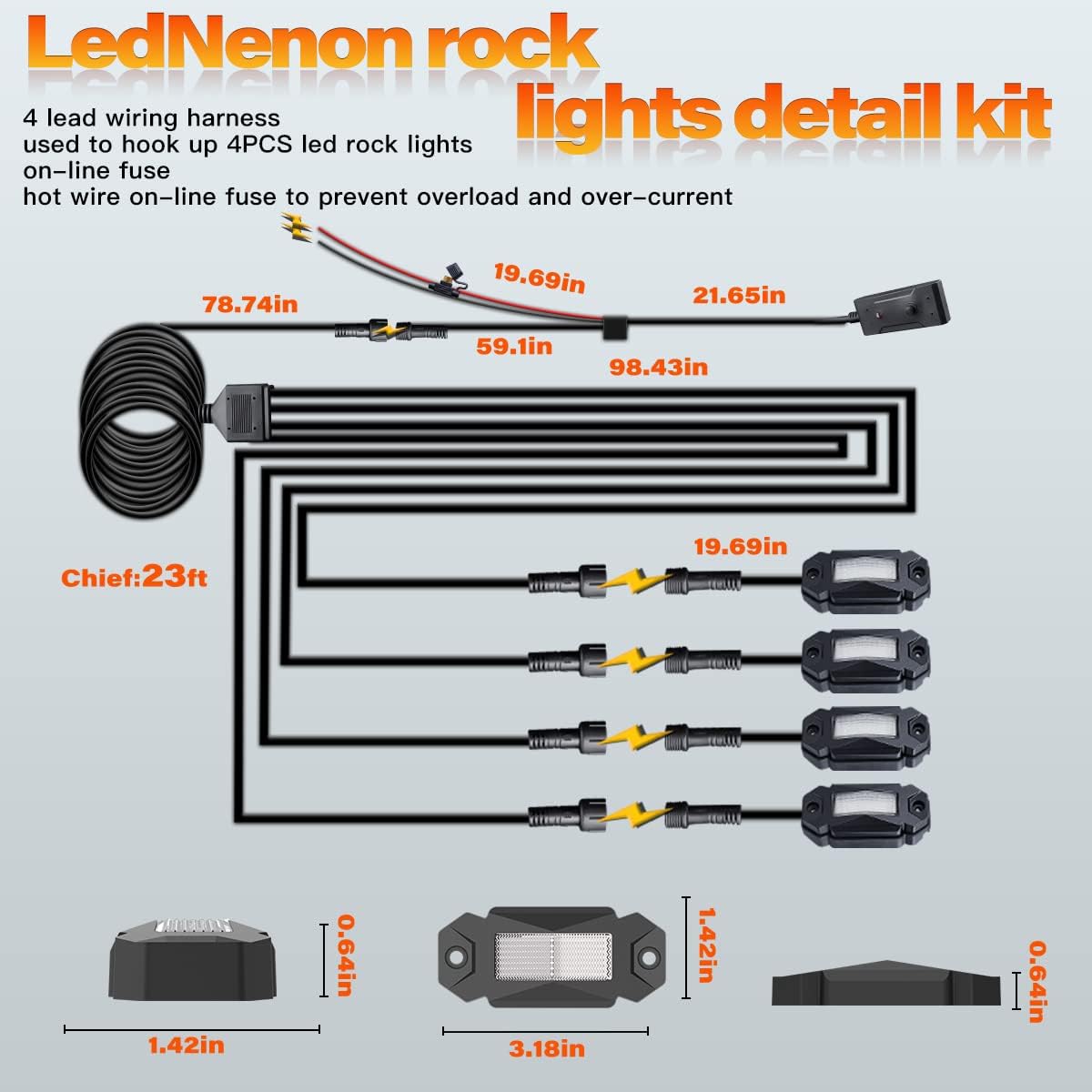 4Pods LED Rock Lights White with 23FT Harness Switch Fuse kit A1206
