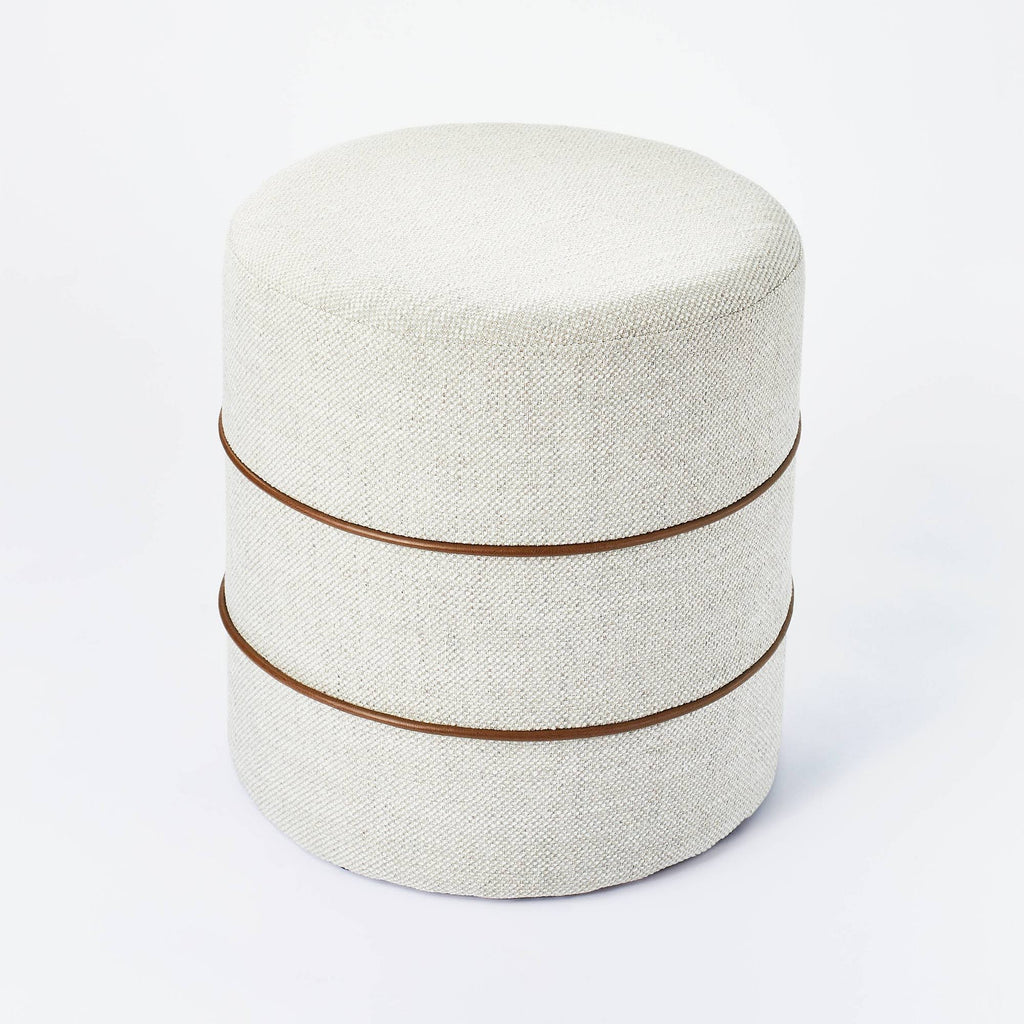 Cream Round Ottoman with Leather Piping D134660
