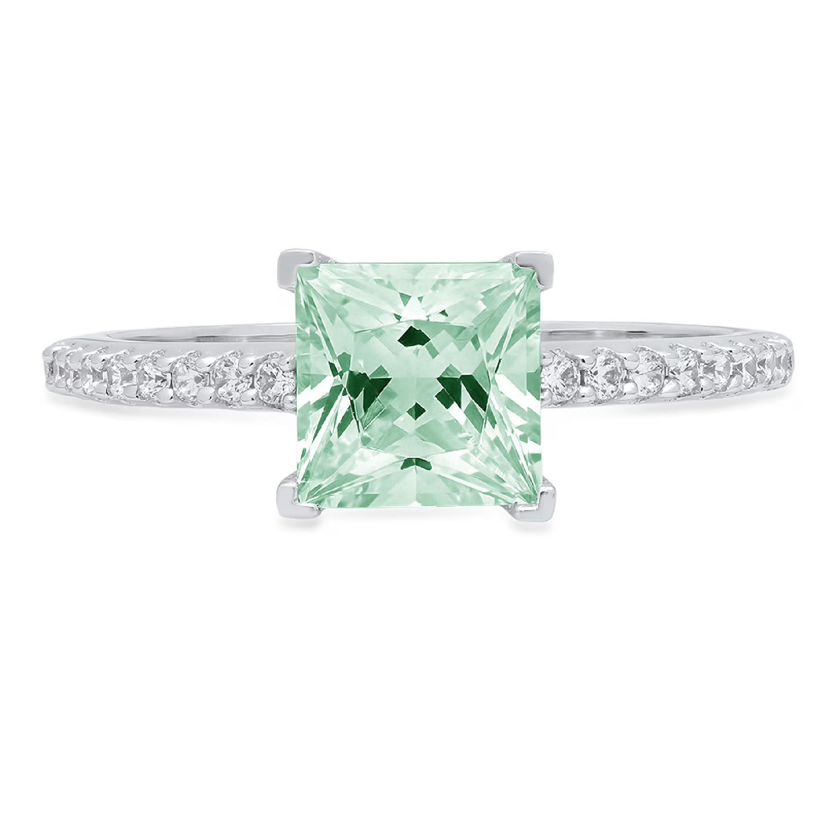 14k White Gold Princess Cut Green Simulated Diamond Ring Size 9.5 M42578