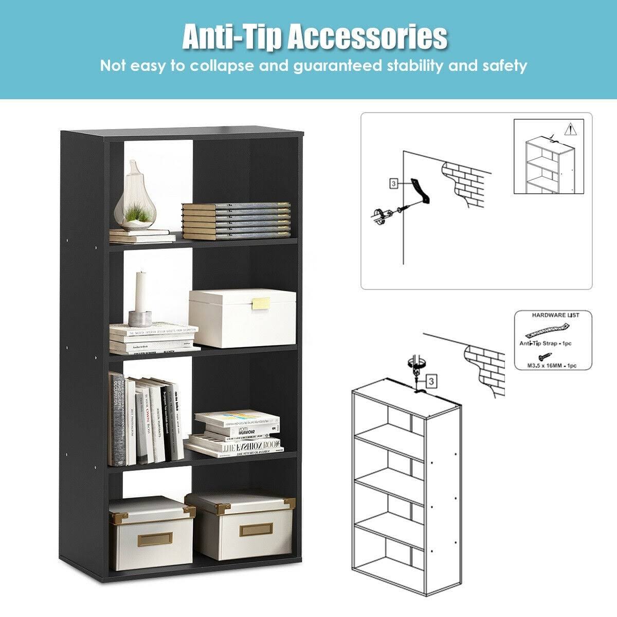Black 4-Tier Bookcase with Adjustable Shelves Z69122