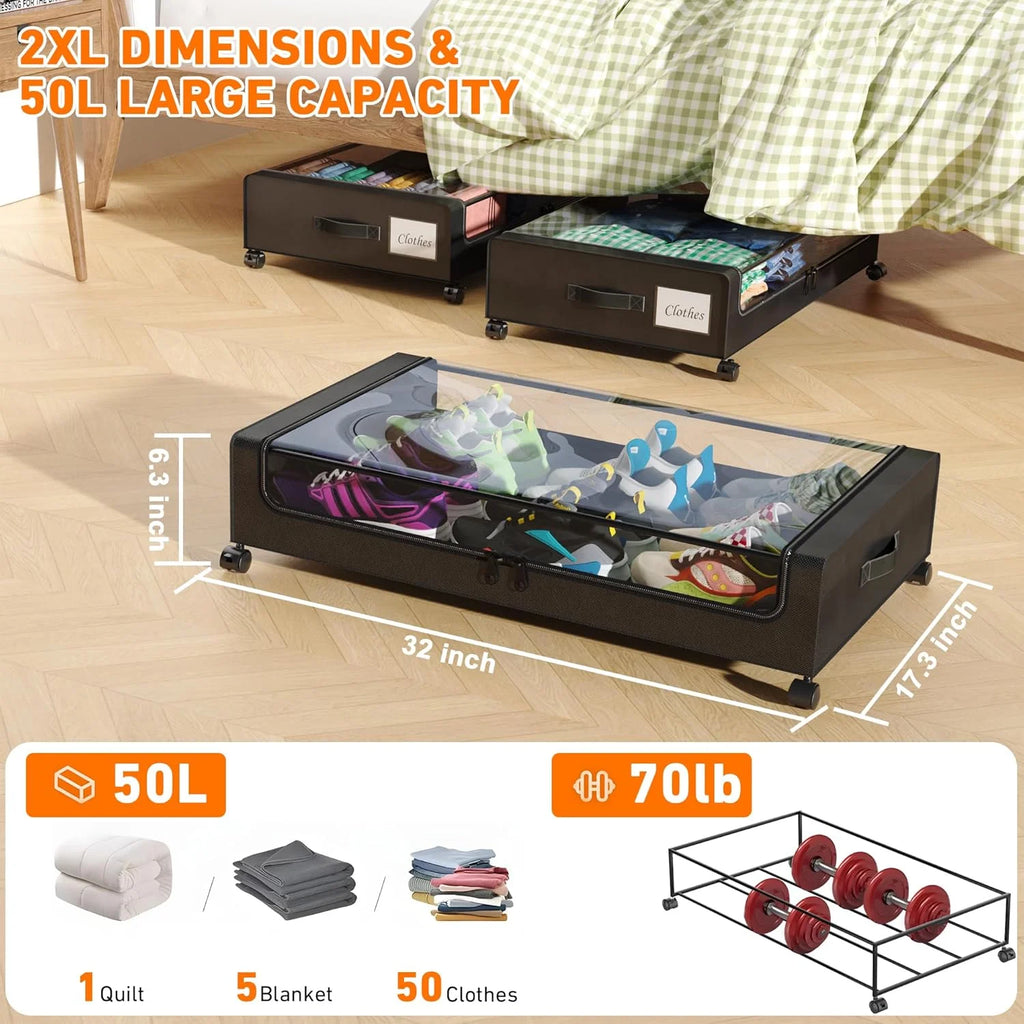 Under Bed Storage with Wheels, 2-Pack Clear Lid Containers, Rolling Metal Drawer Y70361