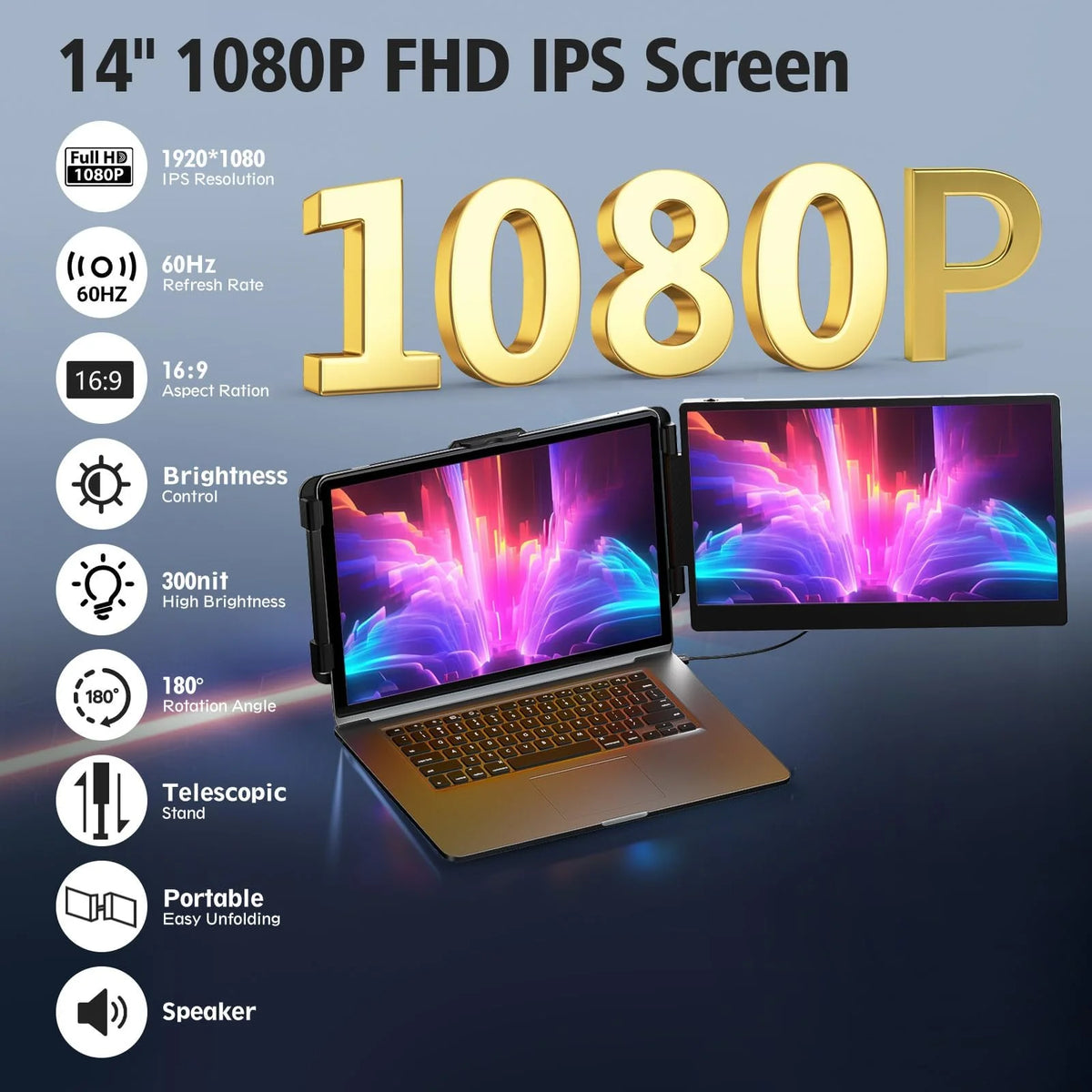 Portable 14 Inch Laptop Screen Extender Monitor FHD 1080P HDMI USB-C Z285035