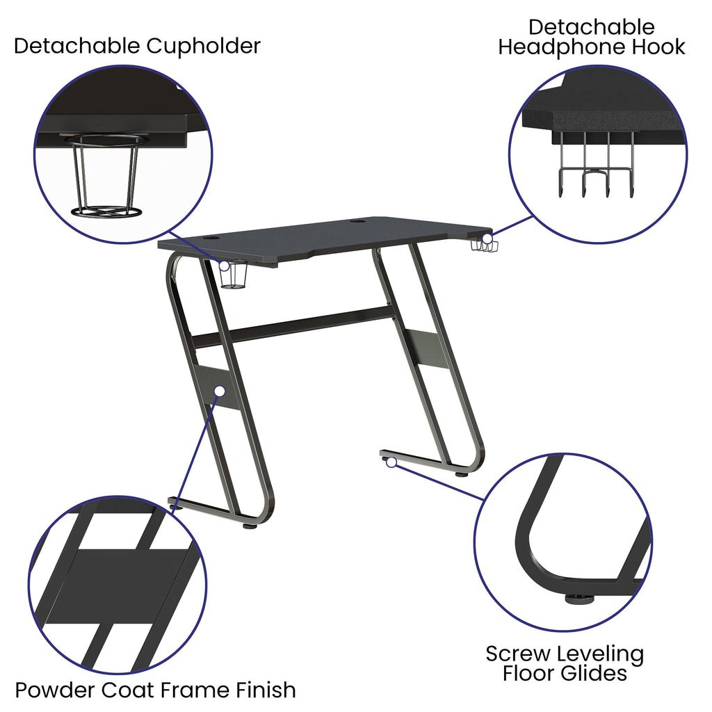 White Ergonomic Gaming Desk with Cup Holder and Headphone Hook E324546