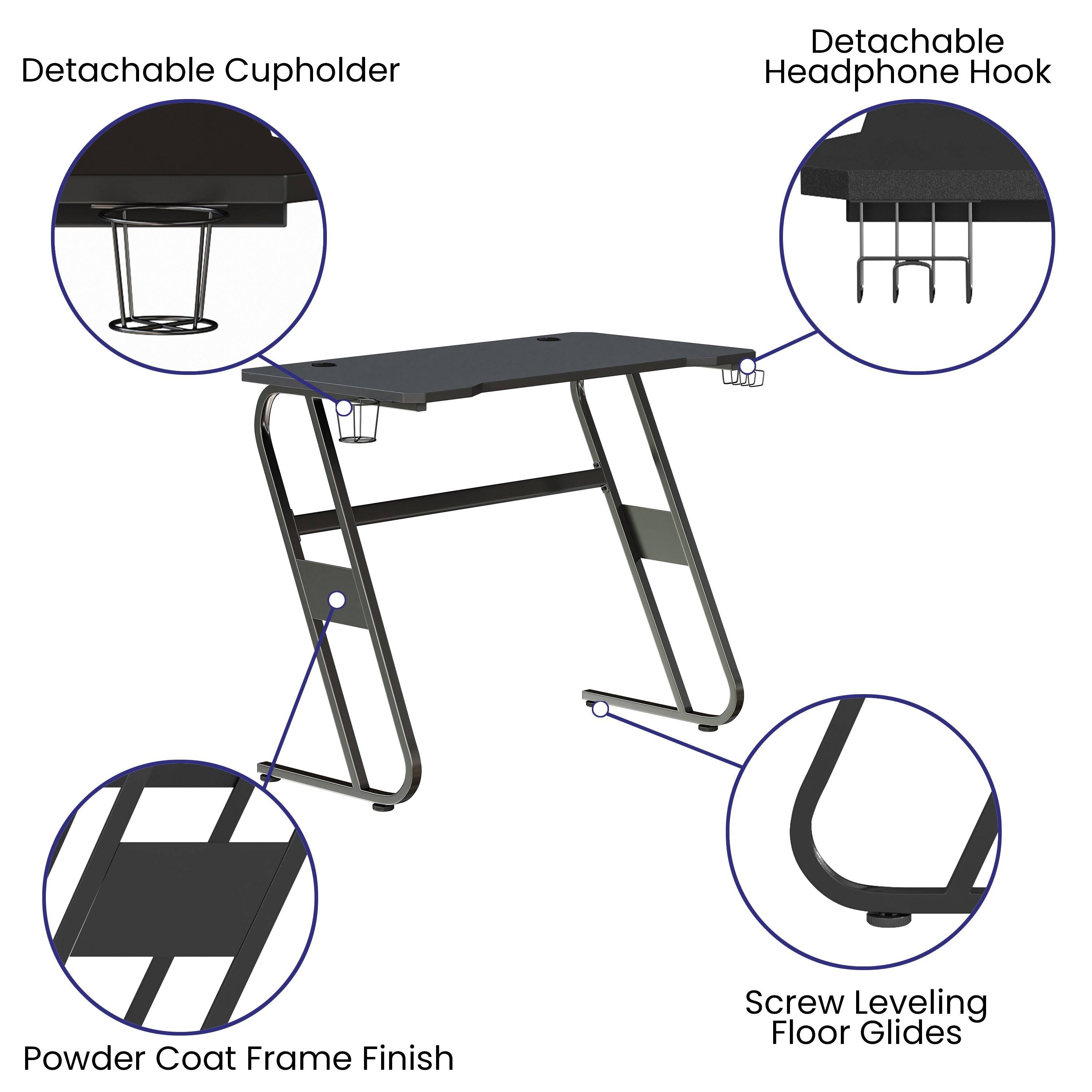 White Ergonomic Gaming Desk with Cup Holder and Headphone Hook E324546