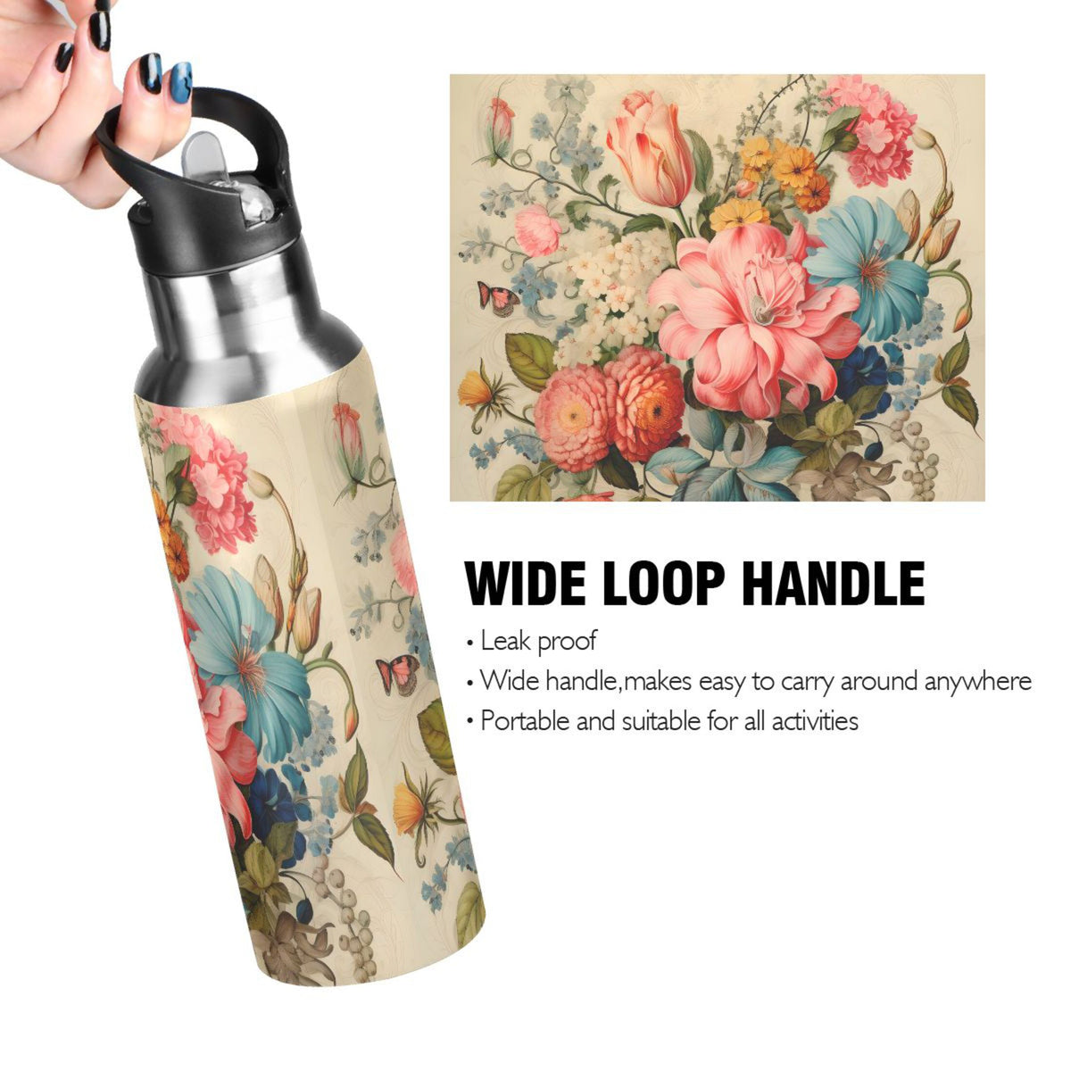 Pink Flowers Print Stainless Steel Insulated Water Bottle with Straw Lid Y712