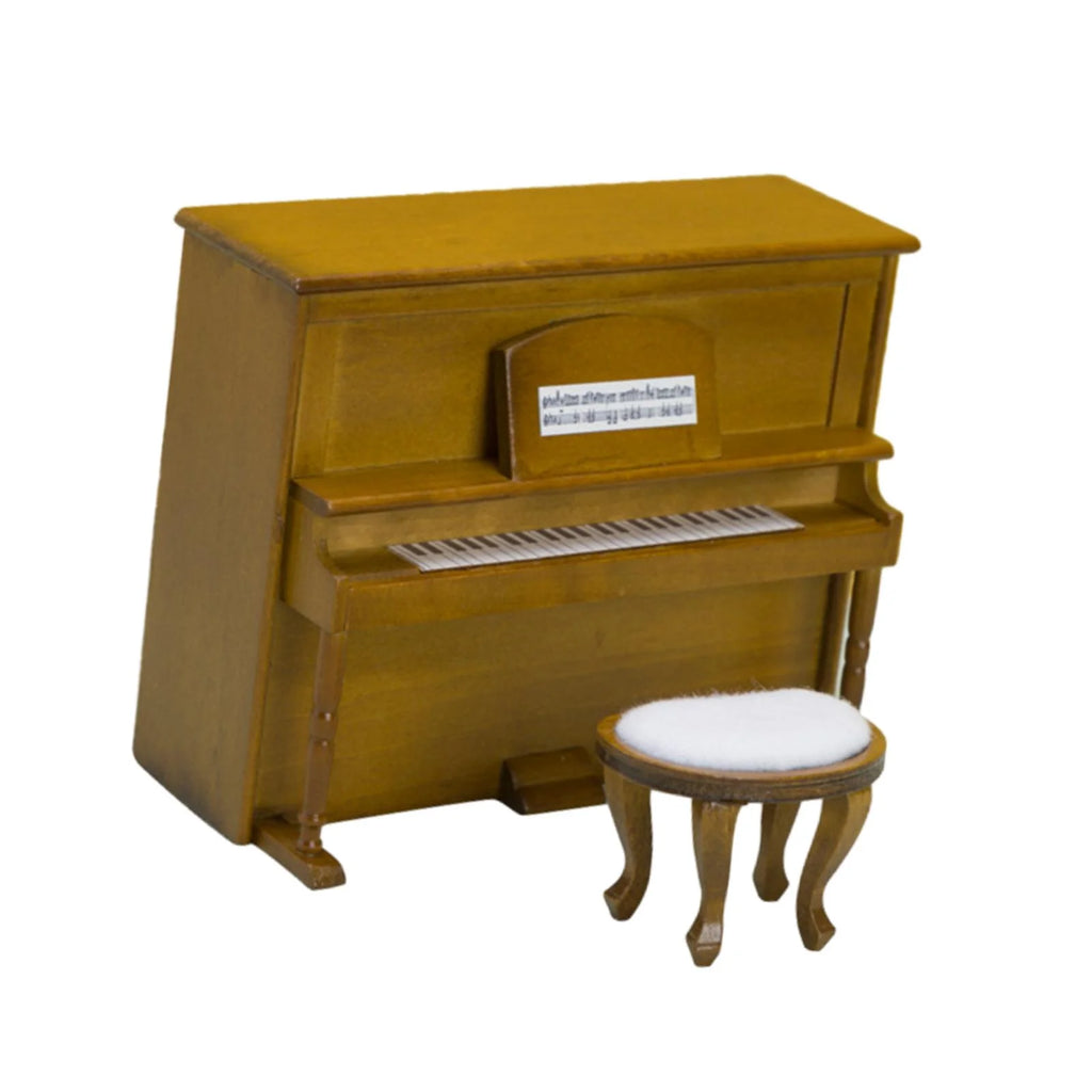 Walnut Miniature Upright Piano Dollhouse Furniture with Stool N353327