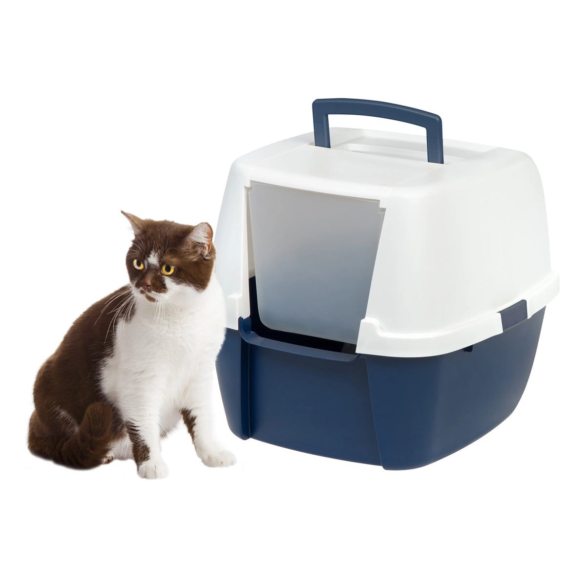 Jumbo Hooded Cat Litter Box with Carrying Handle and Entry Flap, Navy-White A12256