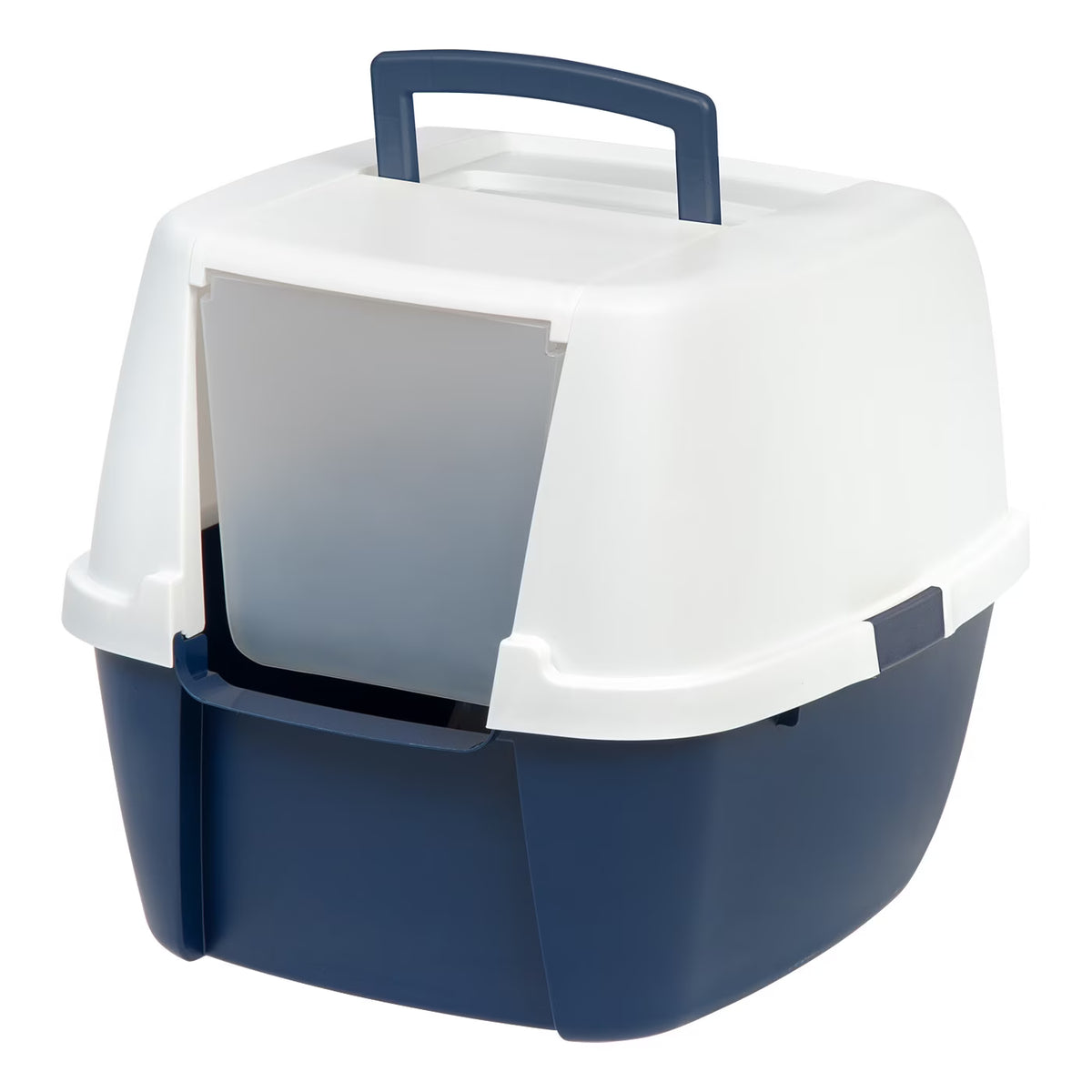 Jumbo Hooded Cat Litter Box with Carrying Handle and Entry Flap, Navy-White A12256