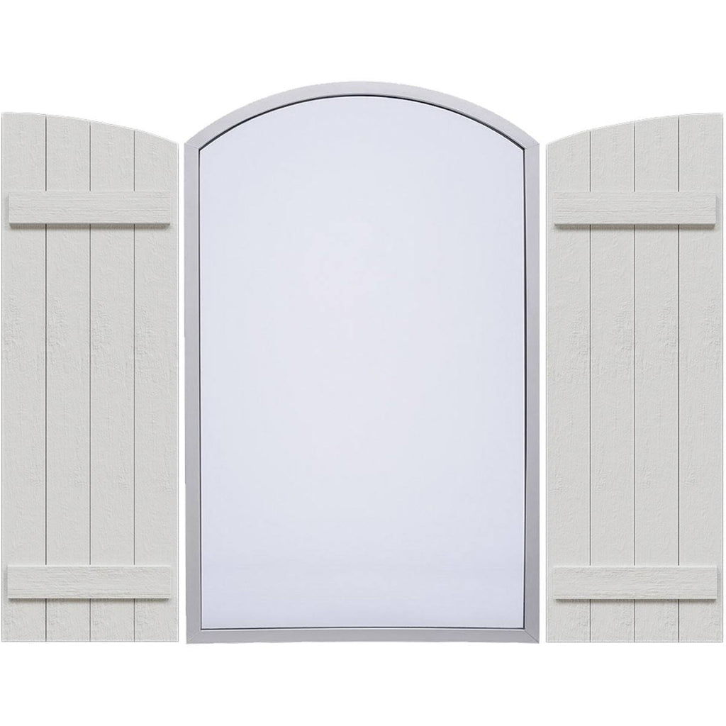 Rustic Four Board Joined Board-n-Batten Faux Wood Shutters with Elliptical Arch Top M39870