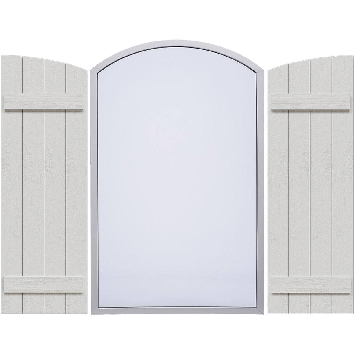 Rustic Four Board Joined Board-n-Batten Faux Wood Shutters with Elliptical Arch Top M39870