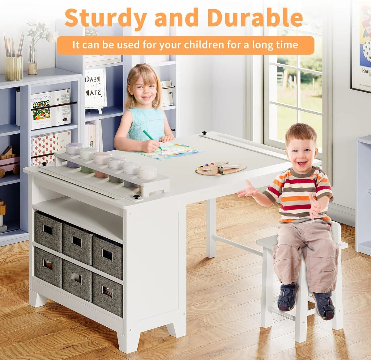 Kids Art Table and Chair Set with Storage Shelves and Paper Roll G84422