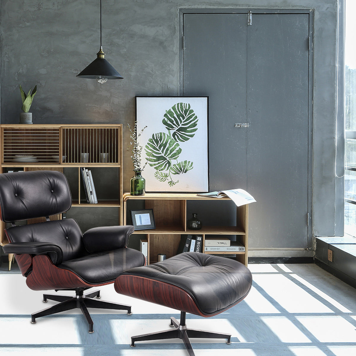 Black Tufted Leather Swivel Lounge Chair with Ottoman O822