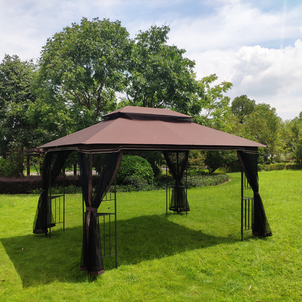 Brown Top Outdoor Patio Gazebo Canopy Tent With Ventilated Double Roof And Mosquito Net E5213