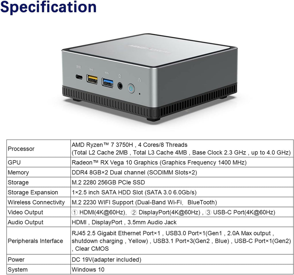 Mini PC AMD Ryzen 7 3750H 16 GB RAM 256 GB PCIe SSD Radeon RX Vega 10 Graphics Dual WiFi BT 5.1 HDMI Display USB-C RJ45 4X USB 3.0 Ports Small Form Factor A217